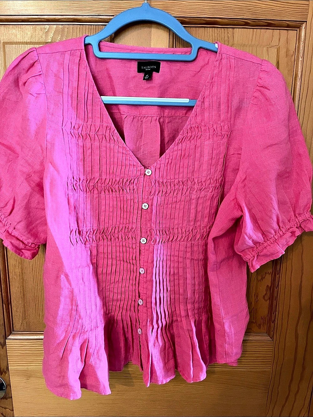 Talbots Pleated Linen Top Pink Smocked Blouse Large Petite